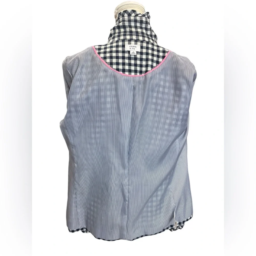 Crown & Ivy Navy Gingham Linen Cotton Blazer Ruffle Trim Size 8 - Picture 9 of 11